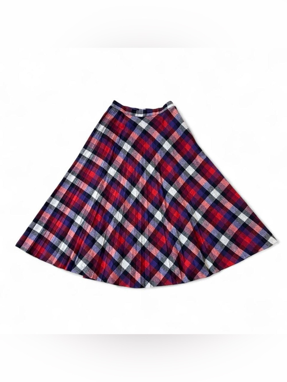 VTG Glenora Plaid Midi Skirt Red Purple Blue Check High Waist A Line USA